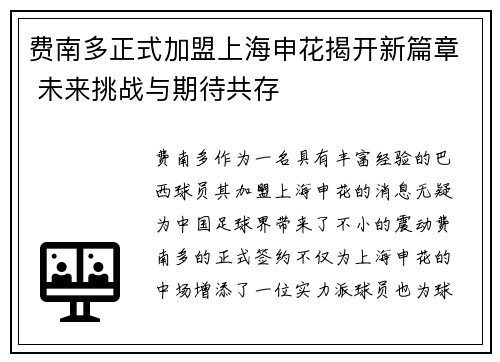 费南多正式加盟上海申花揭开新篇章 未来挑战与期待共存