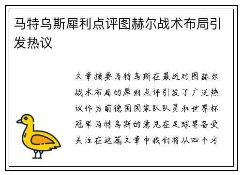 马特乌斯犀利点评图赫尔战术布局引发热议